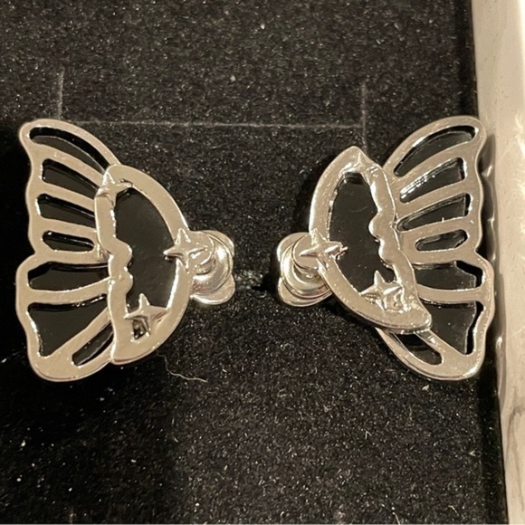 Silver and Black Butterfly Stud Earrings - Picture 3 of 7